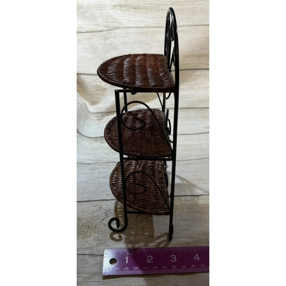 Vintage Rattan Wicker Metal 3 Tiered Shelf Display Doll House 10